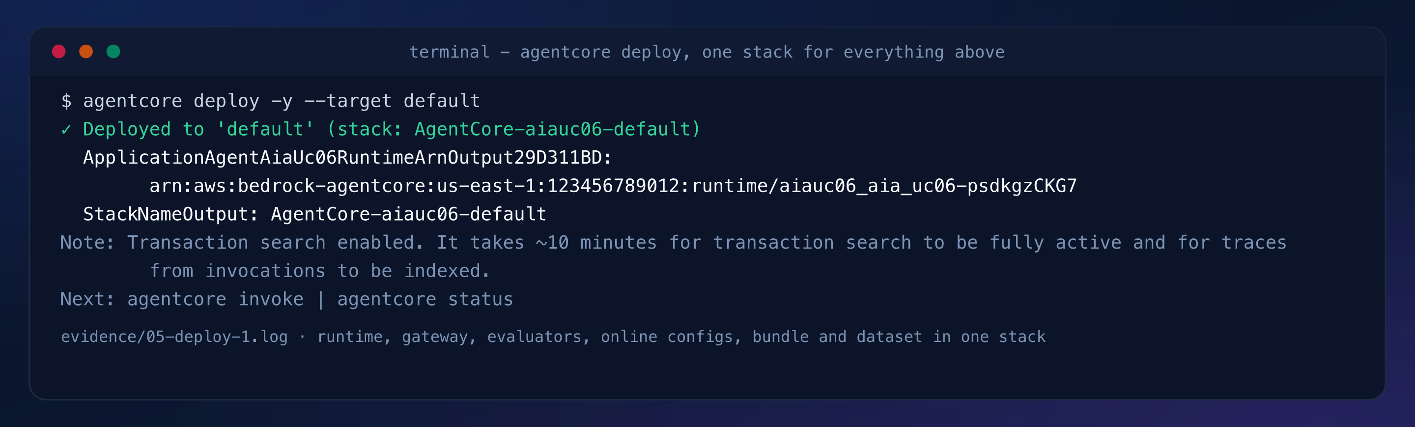 Terminal capture: the first deploy, stack AgentCore-aiauc06-default, with the runtime ARN output and a note that transaction search needs about ten minutes to index traces