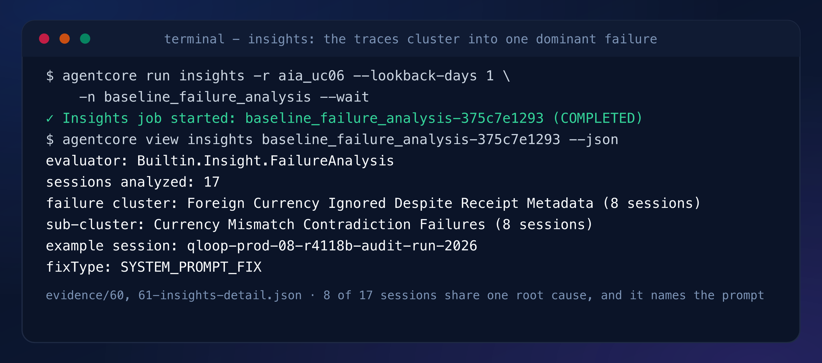 Terminal capture: failure cluster Foreign Currency Ignored Despite Receipt Metadata with 8 sessions, sub-cluster Currency Mismatch Contradiction Failures, fixType SYSTEM_PROMPT_FIX