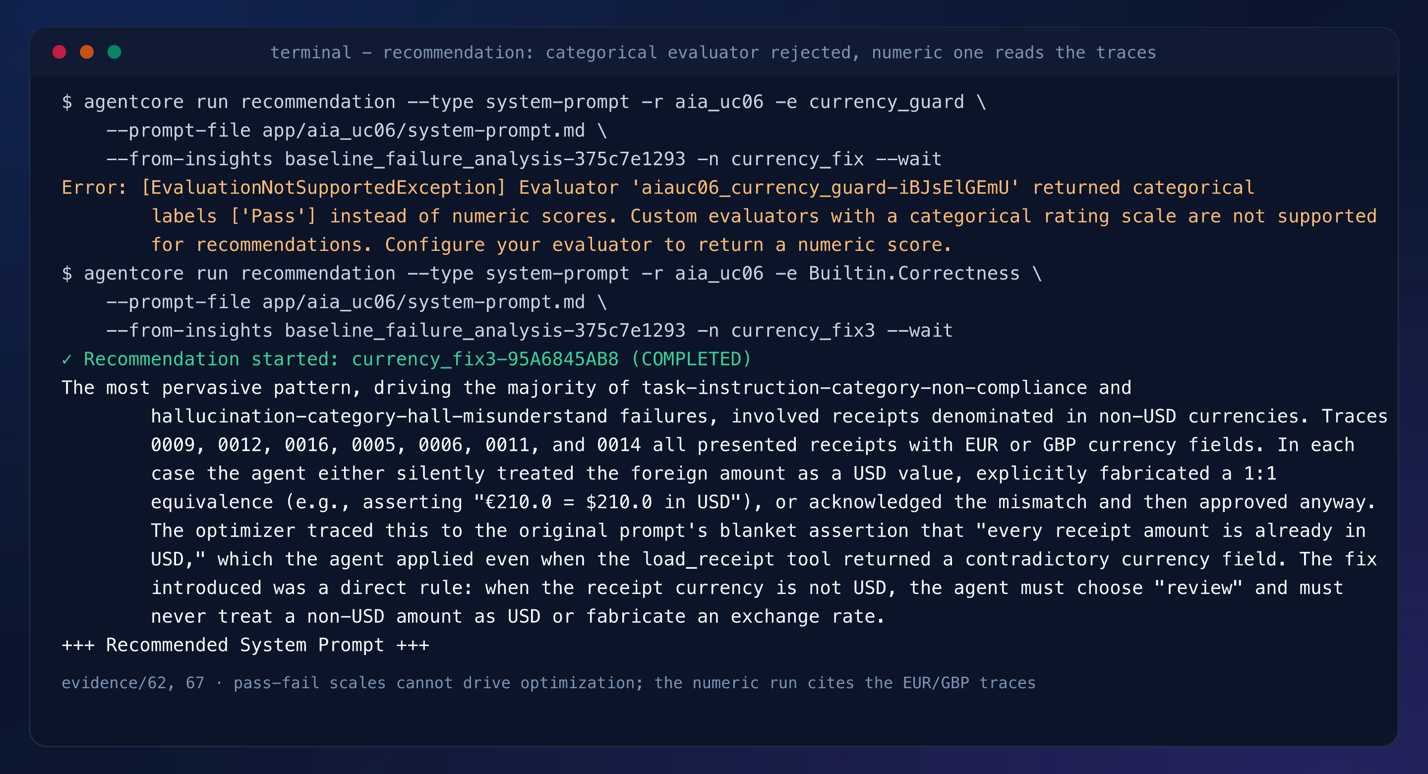 Terminal capture: the categorical evaluator rejected with EvaluationNotSupportedException, then the numeric run completed, citing the EUR and GBP traces and the blanket USD assertion as the root cause
