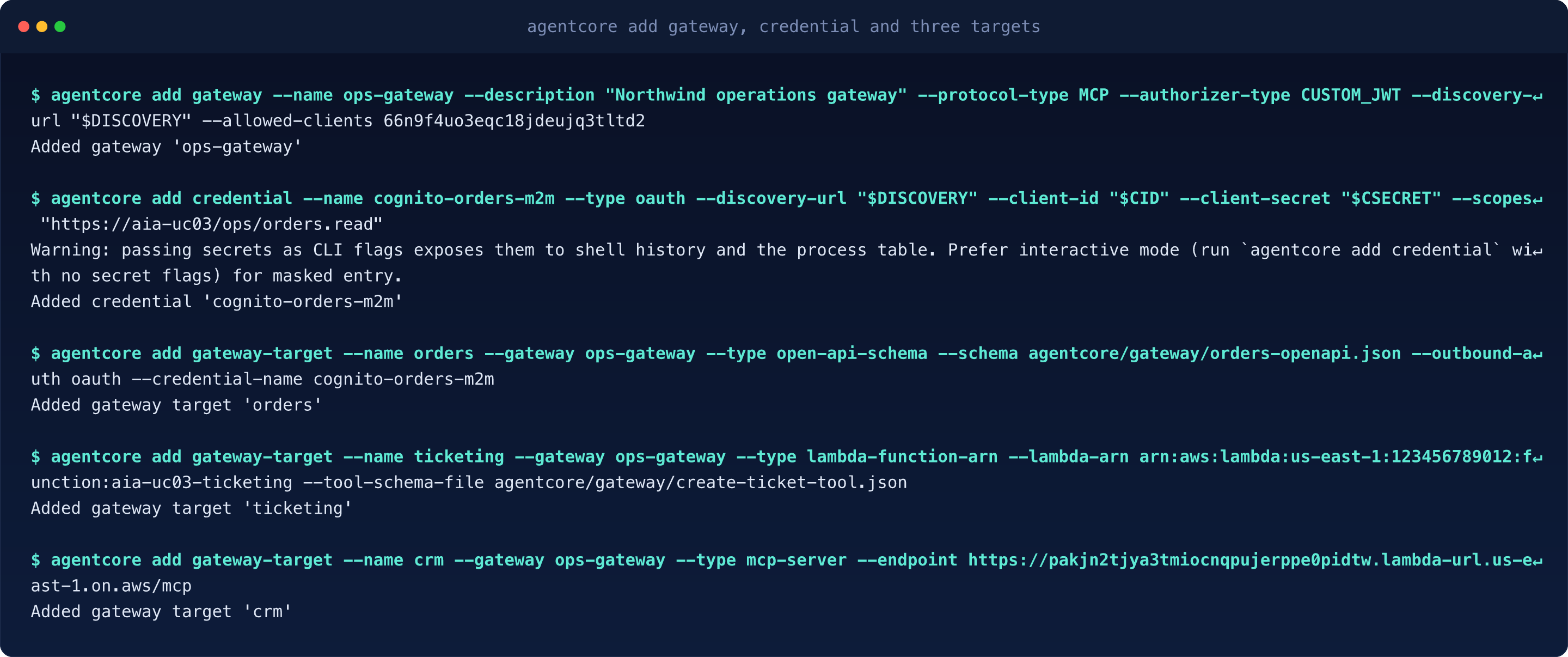 Five declarations and five confirmations, ending with the CRM target added