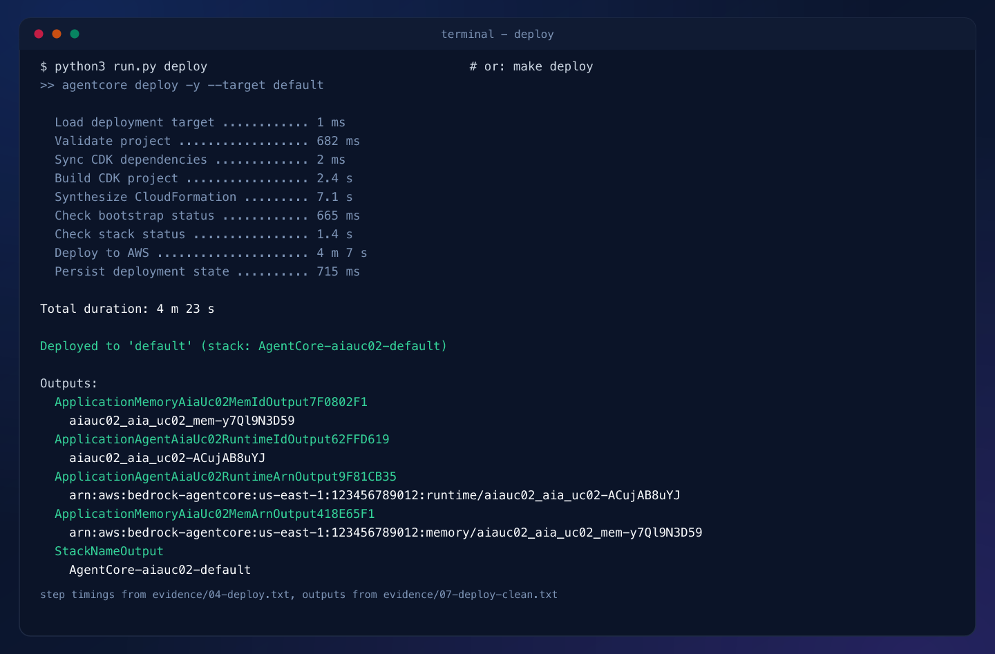 Terminal capture: the deploy step timings, the memory id and the runtime ARN