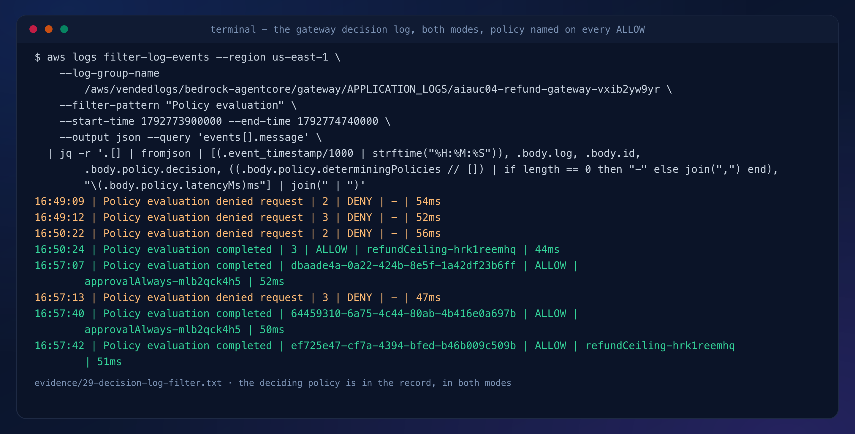 Terminal capture: the decision log, both modes, the deciding policy named on every ALLOW