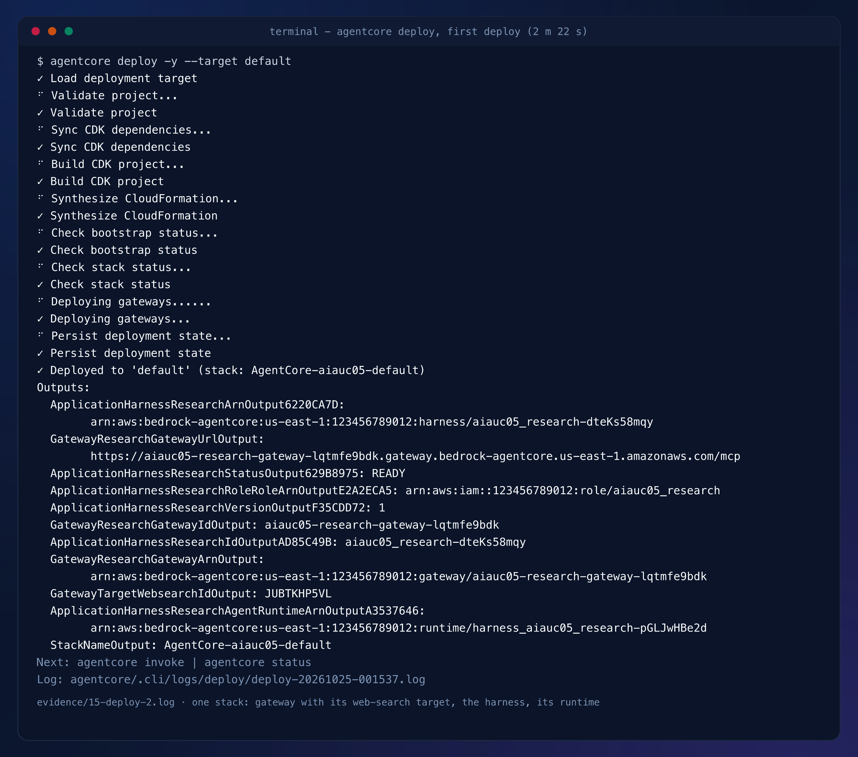 Terminal capture: the first deploy, 2 minutes 22 seconds, stack AgentCore-aiauc05-default with the harness READY at version 1