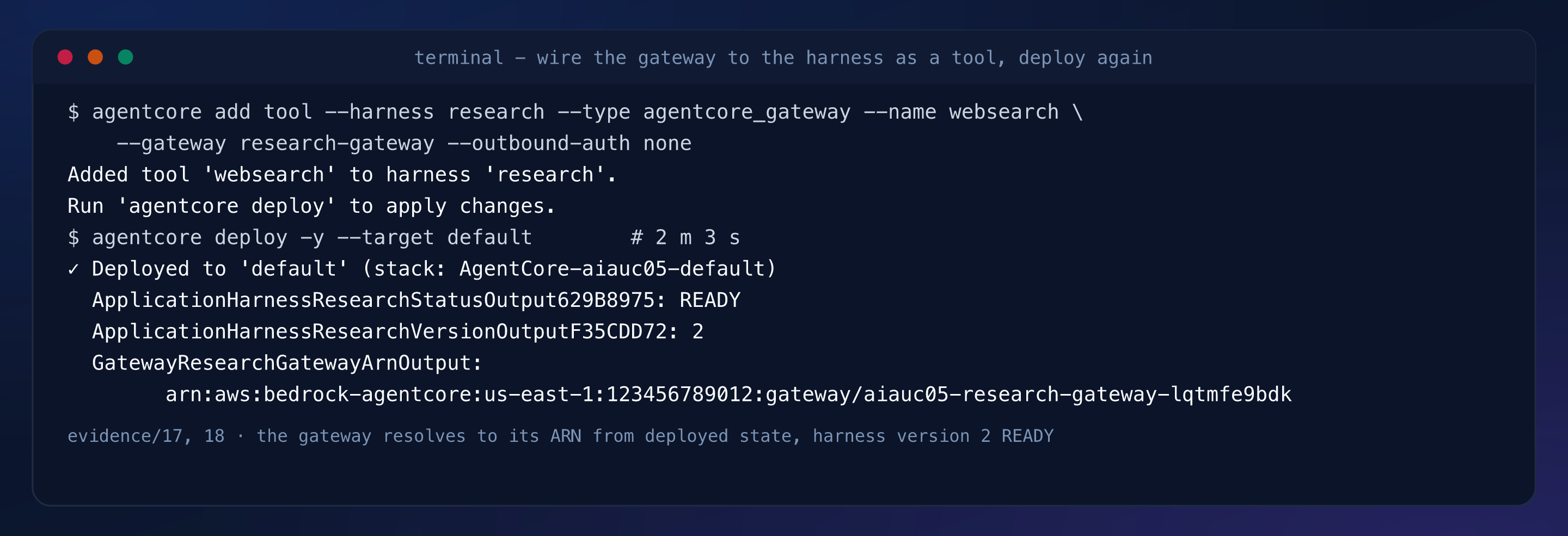 Terminal capture: the gateway tool added to the harness, then the second deploy of 2 minutes 3 seconds