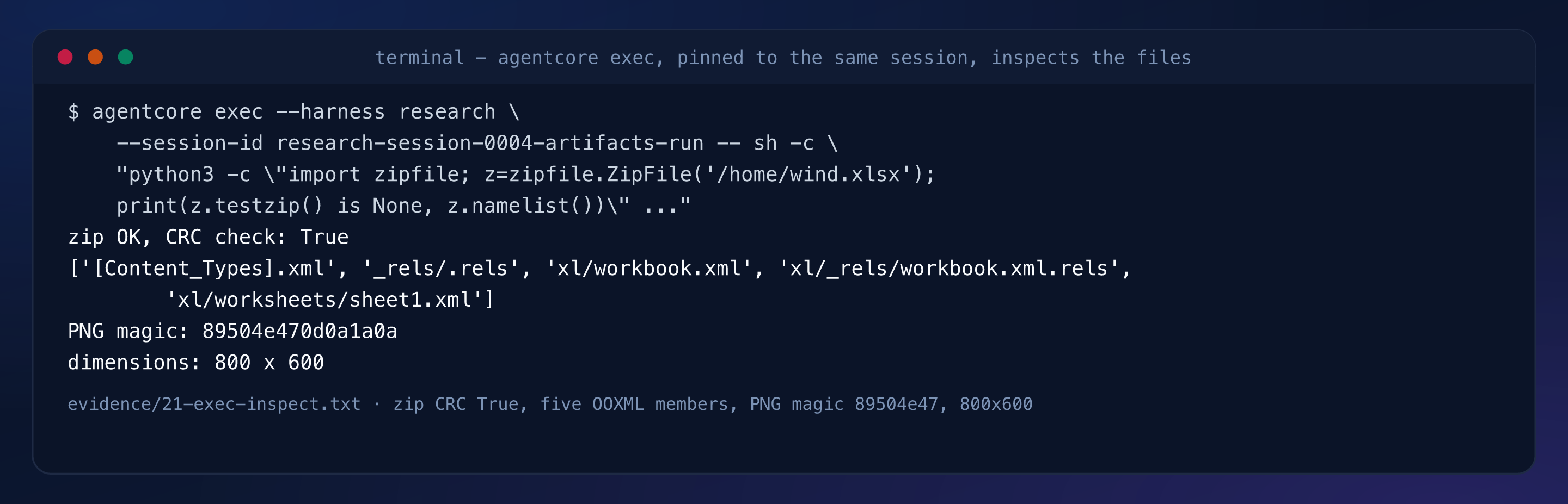 Terminal capture: zip CRC check True with the five OOXML members listed, PNG magic 89504e470d0a1a0a, dimensions 800x600