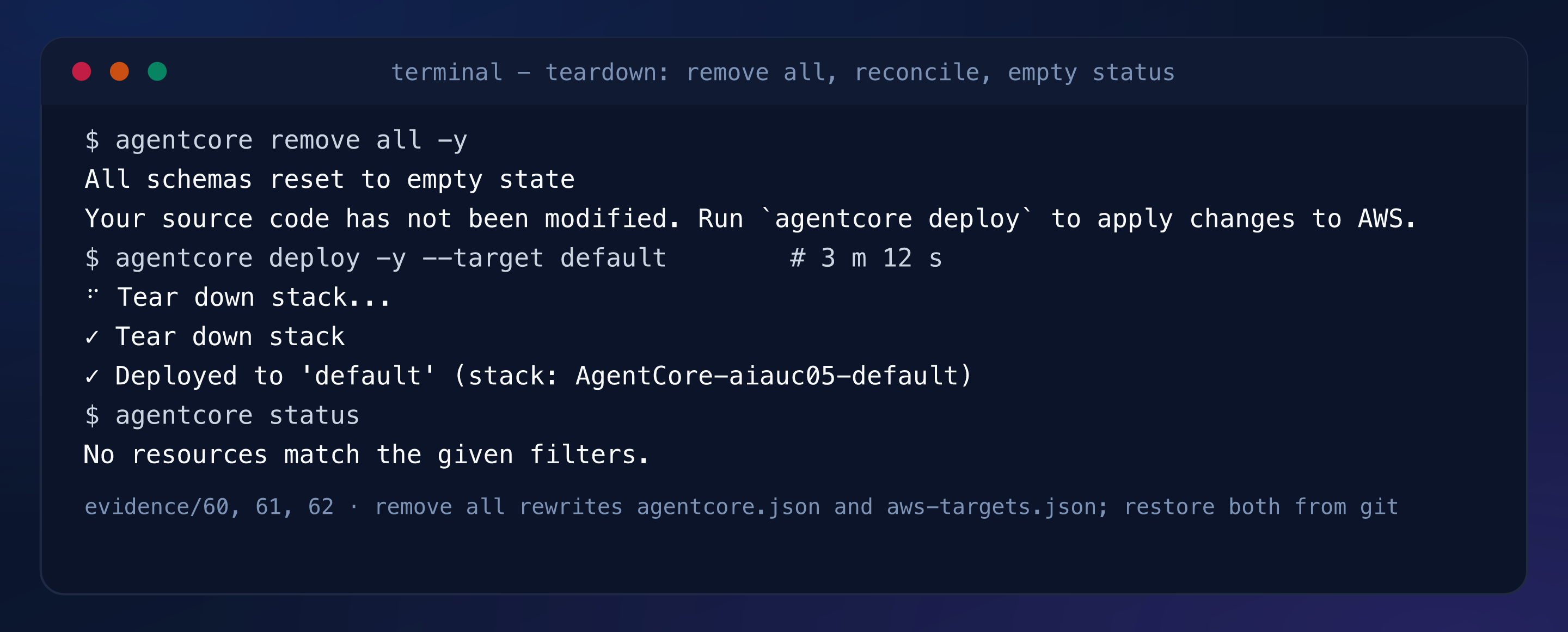 Terminal capture: schemas reset, the stack torn down in 3 minutes 12 seconds, status reporting no resources