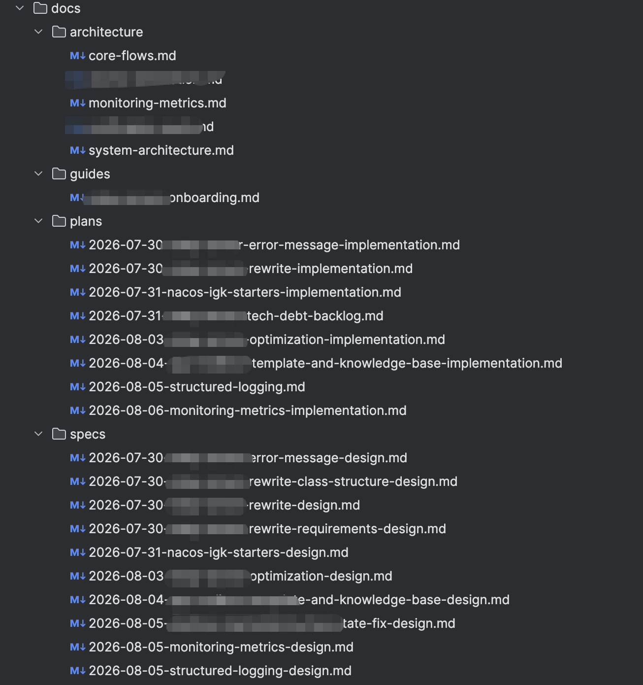 Docs structure: specs, plans, architecture, guides