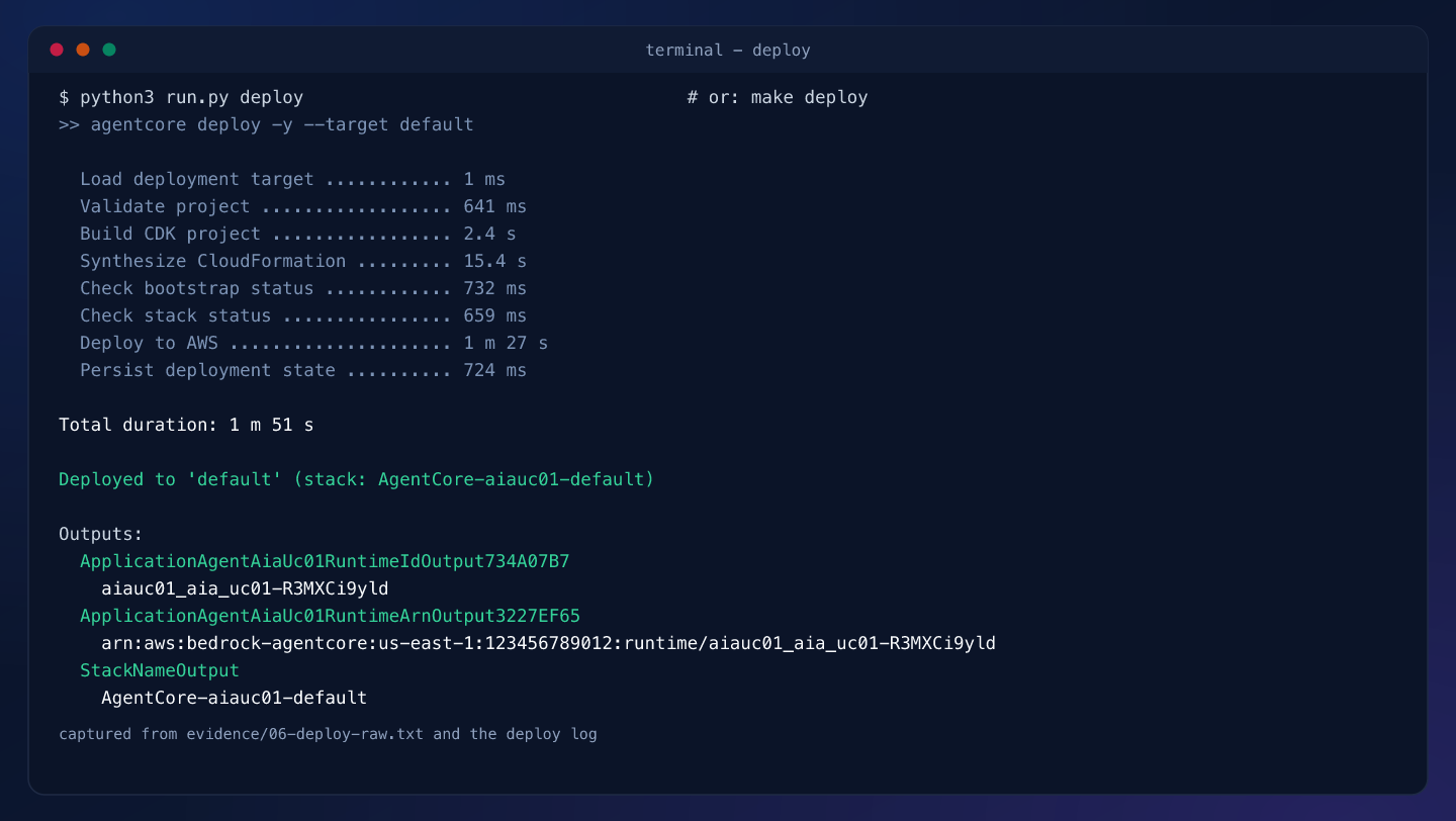 Terminal capture: the deploy step timings from the CLI log and the stack outputs naming the runtime ARN