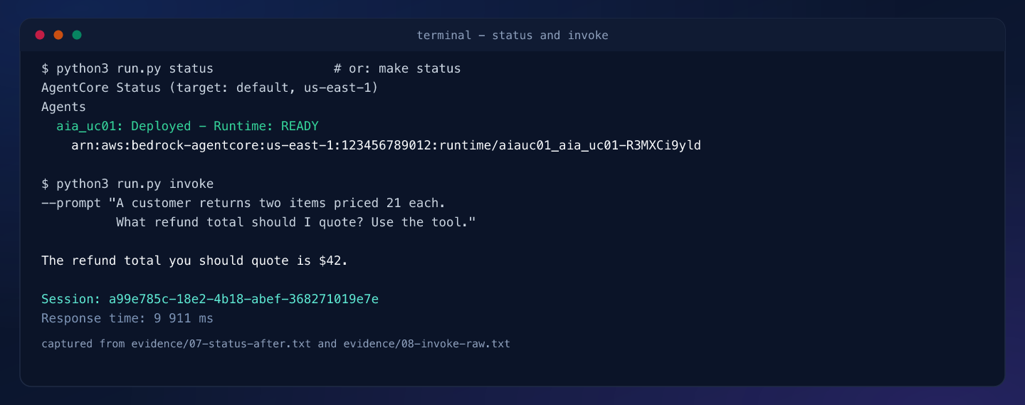 Terminal capture: Runtime READY, then the deployed invoke answering the refund question with 42